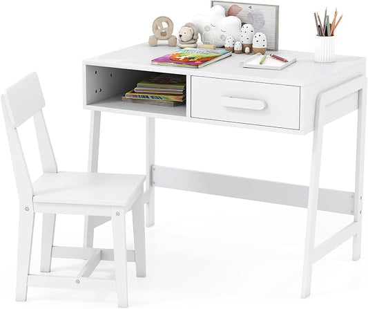 HONEY JOY Kids Desk and Chair Set, Wooden Children School Study Table and Chair w/Storage Drawer & Hutch, Student Writing Desk Computer Workstation for Bedroom, Gift for 3+ Years Old (White)
