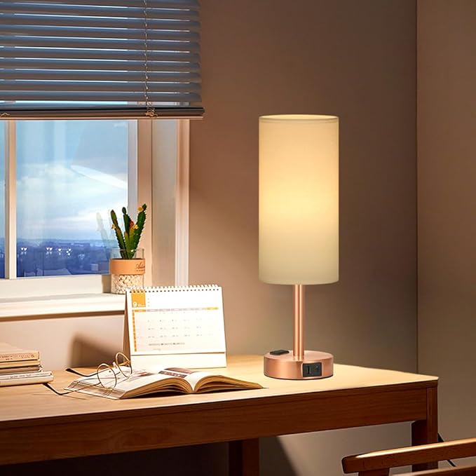 Bronze Nightstand Bedroom Lamp - 3 Way Dimmable Bedside Lamp USB C A Charging Ports and AC Outlet, Small Table Lamp White Linen Lampshade for Desk, LED Bulb Included