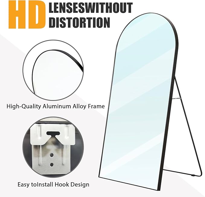 Arched Full Body Mirror, 55''x 18'' With Black Aluminum Alloy Frame, Floor Not Fragile Tempered Glass Leaning Against Wall for Living Room, Women Dressing Clothes