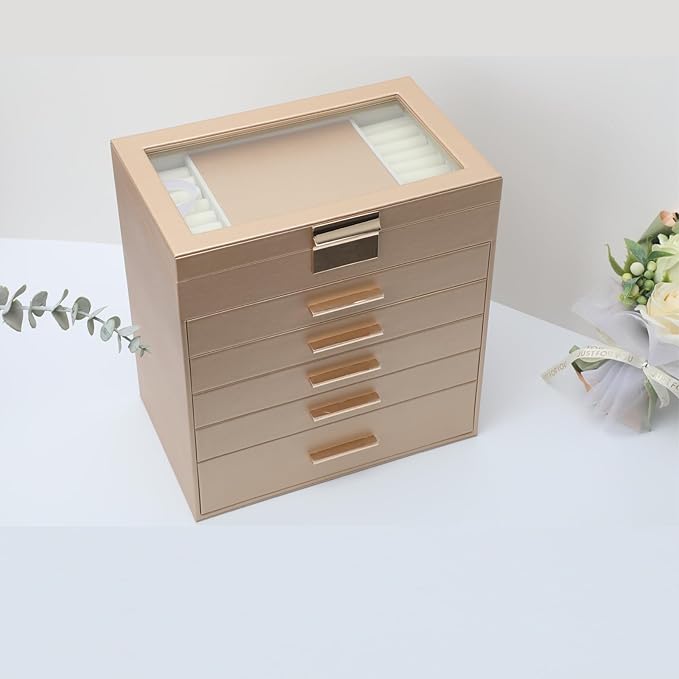 BOOVO Jewelry Boxes for Women, White and Black 6 Layer Large Jewelry Box for Necklace, Bracelet, Earrings, Rings Storage, Jewelry holder Organizer for Girls Gift (Gold, 6 layer)