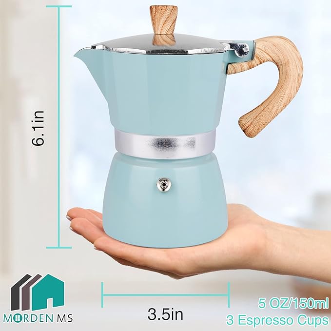 MORDEN MS Moka Pot - Stovetop Espresso Maker 3 Cup/5 OZ Italian Coffee Maker Camping Coffee Pot Manual Cuban Coffee Percolator for Cappuccino or Latte- Blue