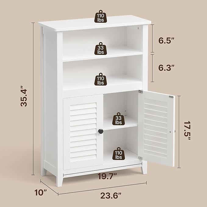 Gizoon Bathroom Floor Cabinet with Widened Top Table, Freestanding Storage Cabinet with Adjustable Shelf, 2 Shutter Doors and Concealed Hinges, for Living Room, Entryway, Kitchen, White