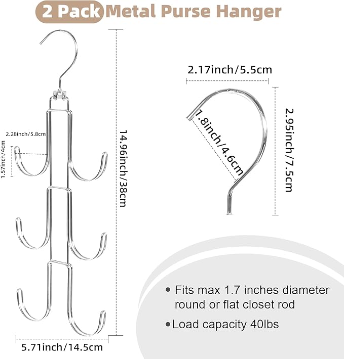 Purse Hanger Organizer for Closet, 2 Pack Handbag Storage Organizer, Hanging Purse Holder for Closet Organization and Space Saving, Accessories Organizer for Bags, Belts, Hats, Scarves, Ties