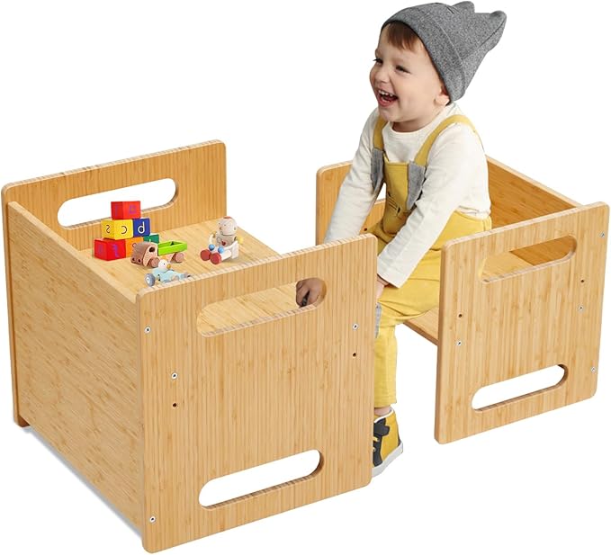 Montessori Table and Chair Set,Bamboo Wood Weaning Table and Chair Set,Kids Montessori Furniture for Reading,Dining,Playing