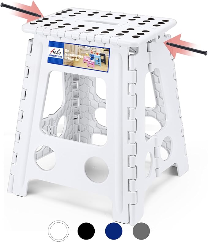 ACKO Folding Step Stool Foldable 16 Inch 400 lbs Capacity, Plastic Stools for Adults and Kids, Collapsible Stools for Kitchen, Stepping Stool with Handle (White)
