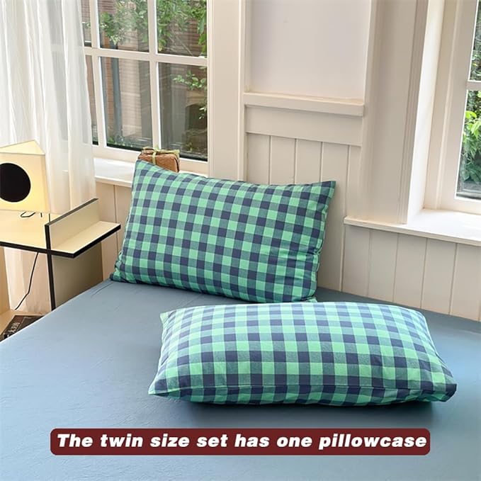 FACE TWO FACE Bedding Duvet Cover Set100% Washed Cotton Duvet Cover Linen Like Textured Breathable Durable Soft Comfy (Twin, Blue Green Grid)