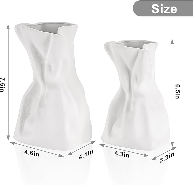 Paper Bag Vase Set of 2, White Ceramic Vases, Flower Vases, Aesthetic Minimalist Boho Vase for Modern Trendy Home Room Table Centerpiece Decor