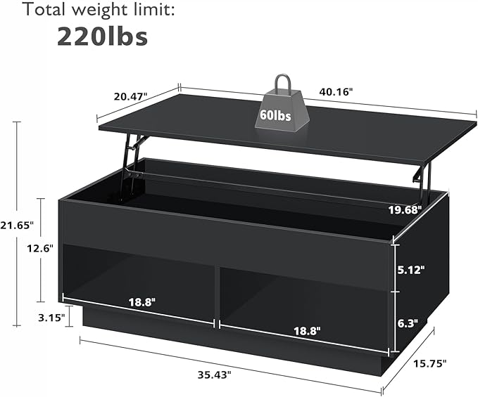 LED Coffee Table Black Lift Top Coffee Table with Storage Modern Tea Table with Hidden Compartment Lift Up Dining Center Table with LED Light for Living Room Home Office