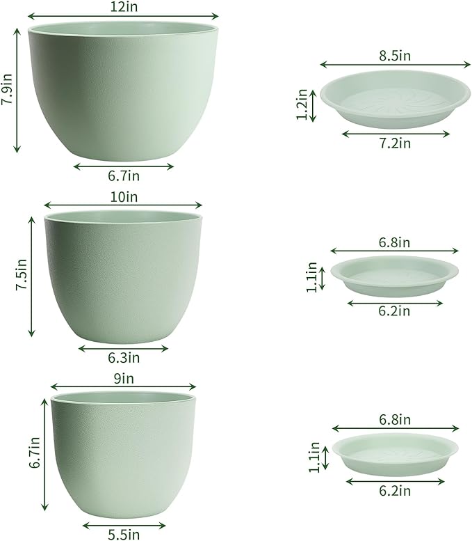 GARDIFE 12/10/9 inch Plant pots, Plastic Large planters for Indoor Plants, Flower pots, Green