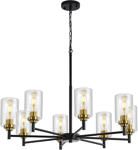 9MMML 8 Lights Black and Gold Chandelier, Modern Glass Ceiling Chandelier Light Fixture, Large Ceiling Hanging Light for Dining Room, Living Room, Bedroom, Kitchen, Over Table, Foyer, E26 Base