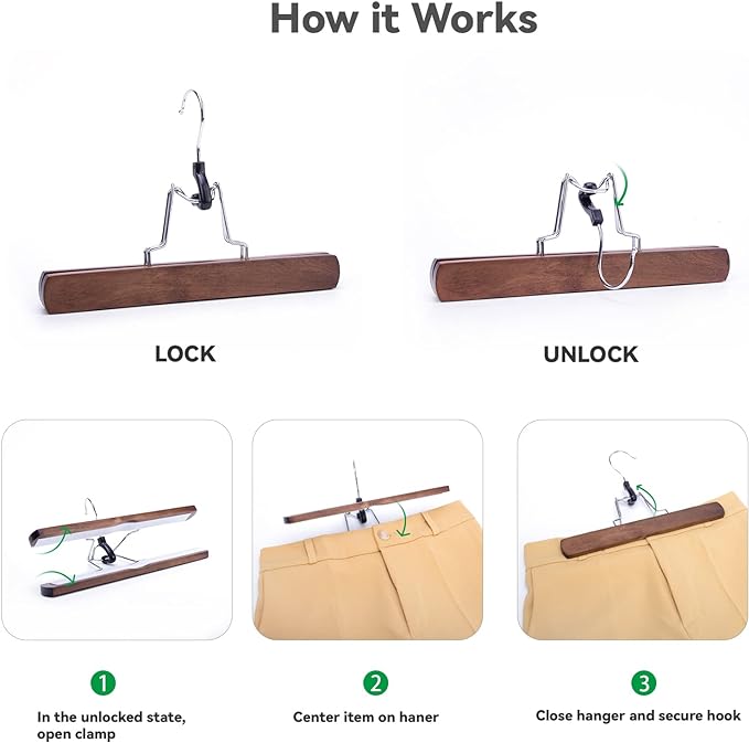 Nature Smile Wooden Pants Skirt Hangers, Smooth Finish Solid Wood Non Slip Jeans Slack Clamp Hangers Hair Extension Hangers (10 Pack Retro)…