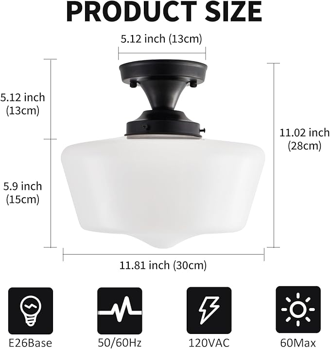 Black Schoolhouse Light Fixture, 12" Milk Glass Flush Mount Ceiling Light, Black Semi Flush Mount Ceiling Light for Farmhouse Kitchen Hallway Entryway