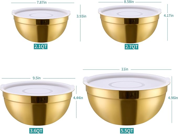 MEADLY Gold Mixing Salad Bowls With Lids Set of 4, Stainless Steel Nesting Bowl with white Lid,Dishwasher Safe,Home kitchen Mixing Prepping Storing Serving,size of 5.5,3.6,2.1,1.5,Qt