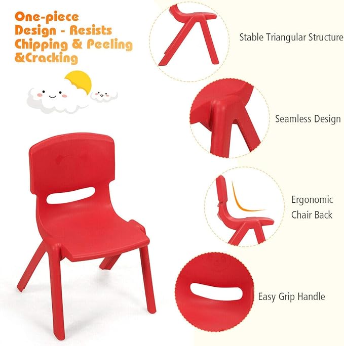 Costzon Plastic Stackable School Chairs, 6 Pack, Kids Learning Chairs with 11 inch Seat Height, Carrying Handle, Waterproof Children Chairs for Playrooms, Schools, Daycares and Home (6 Pack, Red)