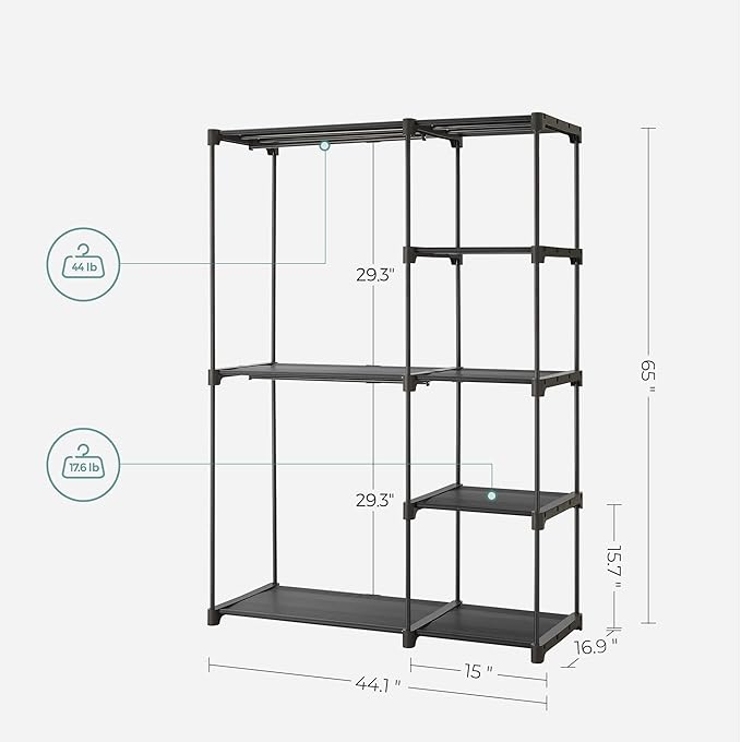 SONGMICS Portable Closet, Freestanding Closet Organizer, Clothes Rack with Shelves, Hanging Rods, Storage Organizer, for Cloakroom, Bedroom, 44.1 x 16.9 x 65 Inches, Black URYG24BK