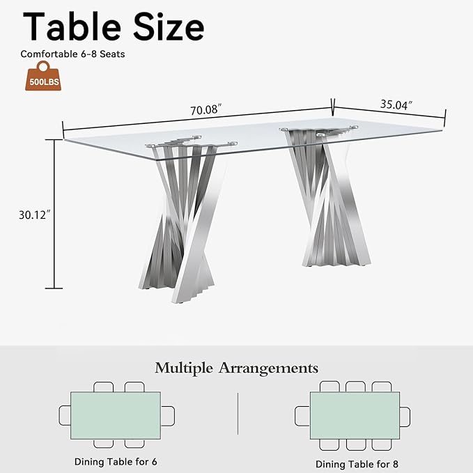 Goujxcy 70" Modern Glass Dining Table for 6-8, Luxury Silver Glass Dining Room Table with Mirrored Flash-Shape Stainless Steel Base, Rectangle Kitchen Dinner Tables for Dining Room Kitchen