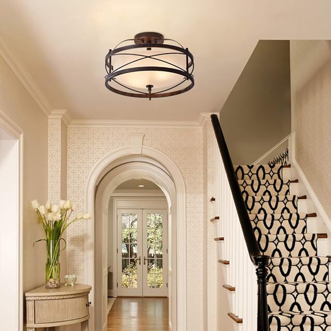 Entryway Drum Light Fixtures, Semi-Flush Mount Rustic Ceiling Light for Hallway Living Room Bedroom Kitchen, Old Bronze Finished (Brown)