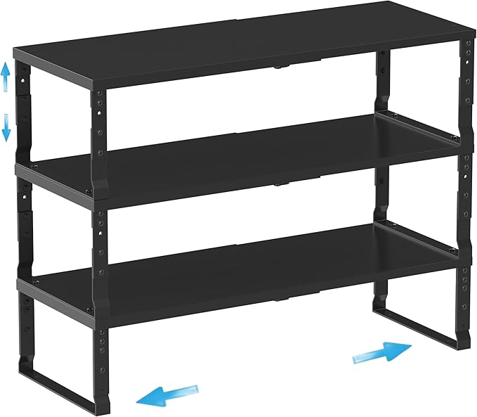 Expandable Spice Rack Organizion for Kitchen Cabinet, Seasoning,Bathroom Organizer Display Shelf, Stackable Multi-Purpose Shelves.Easy-to-Install（3Packs/Black,Large