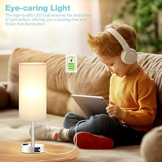 Light Grey Table Lamp for Nightstand - 3 Way Dimmable Touch Bedside Lamp USB C and A Charging Ports and AC Outlet, Small Desk Lamp with Silver Base for Office Nursery, LED Bulb Included