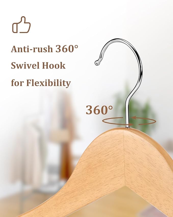 AMKUFO Wooden Hangers 20 Pack Wood Suit Hangers Non Slip Wooden Coat Hangers with Smooth Fnish Cut Notches 360° Swivel Hook Clothes Hangers for Jeans Pants Jackets Shirts Dresses, Natural