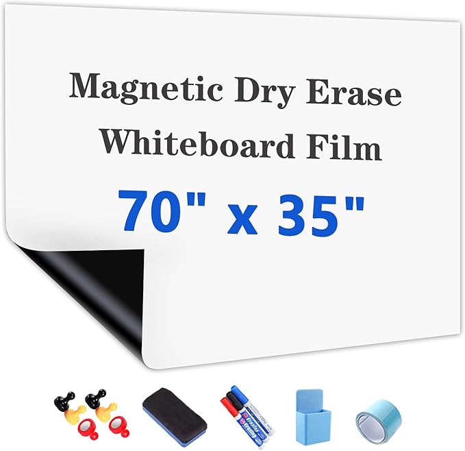 Magnetic Dry Erase Whiteboard Paper with Adhesive, 70" x 35" White Board Film for Wall, Easy to Write and Clean Dry Erase Board for Office, Classroom, Home, Include Marker, Magnetic Eraser and Magnets