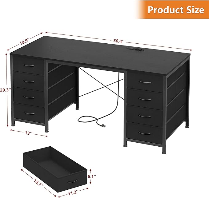 50 Inch Computer Desk with 8 Drawers, Home Office Desk with Power Outlets, Work Study Gaming Desk with 8 Fabric Drawers, Black