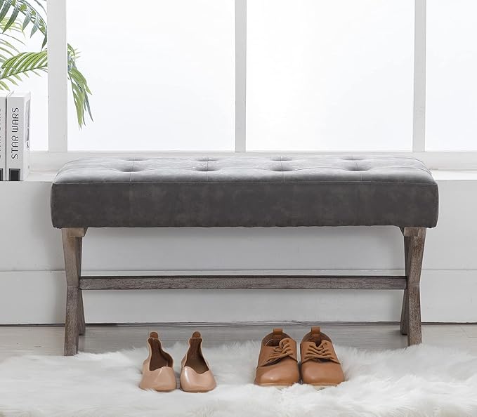 chairus PU Leather Upholstered Entryway Bench, 36 inch Bedroom Bench Seat with X-Shaped Wood Legs for Living Room, Foyer or Hallway - Gray