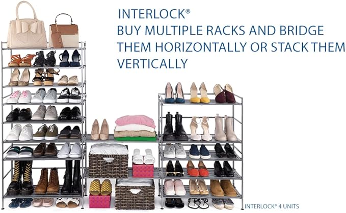 Seville Classics Sturdy Freestanding Storage Shelf for Bedroom, Closet, Entryway, Dorm Room Organizer Stackable Durable Metal Shoe Rack Ash Gray Slat, 3-Tier