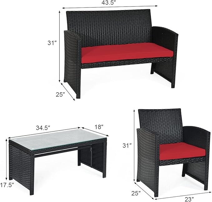 Tangkula Patio Wicker Conversation Furniture Set, Patiojoy Sofa & Table Set w/4 Seats, Outdoor Rattan Sofa Set for Balcony Backyard, Wicker Chair Set with Tempered Glass Coffee Table (2, Red)