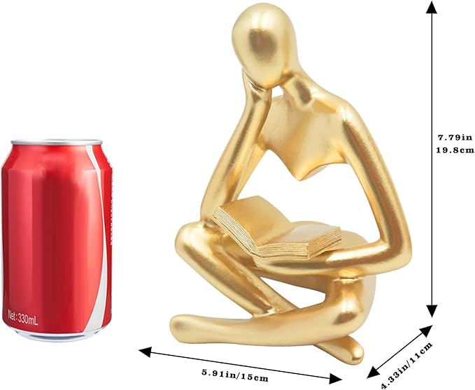 Bookshelf Decor, Golden Reading Thinker Sculpture Figurine, Coffee Table Decor, Entry Way Table Home Decor, Decorative Statue for Living Room, Office, Bedroom, Gift