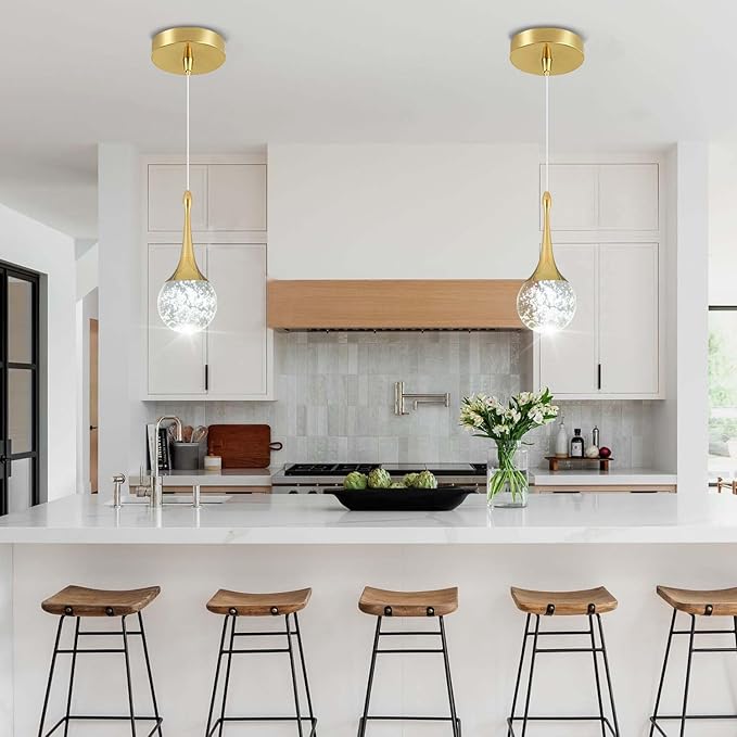 Flashing God Gold 1 Light Teardrop Crystal Pendant Lighting,Integrated Pendant Light with Crystal Bubble for Kitchen Island Globe Fixtures, Chromed Finished 2700k 4500k 6000k