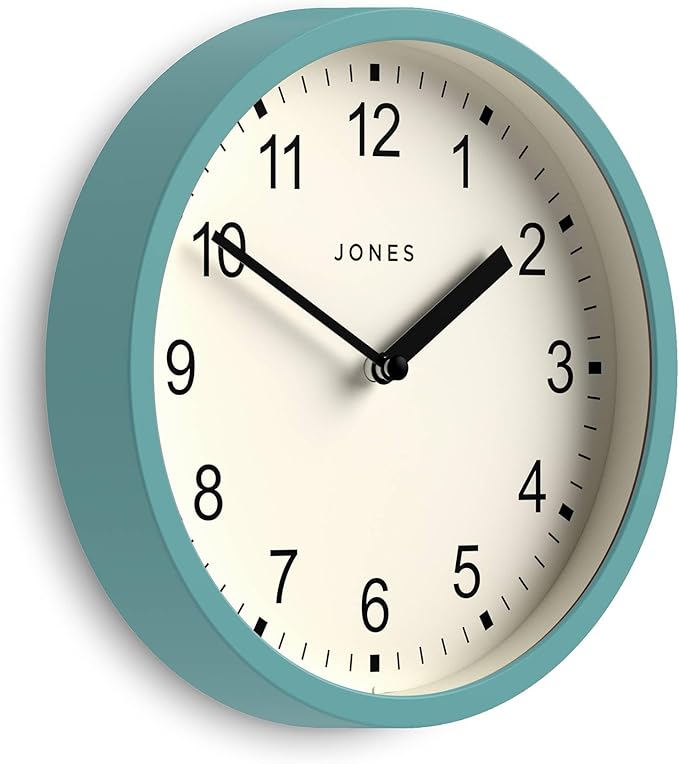 JONES CLOCKS® Spin Wall Clock | Small Modern Round Clock | 8inch | Teal Blue | Easy to Read Numbers | Ideal for Kitchen, Office, Children’s Room or Any Small Space