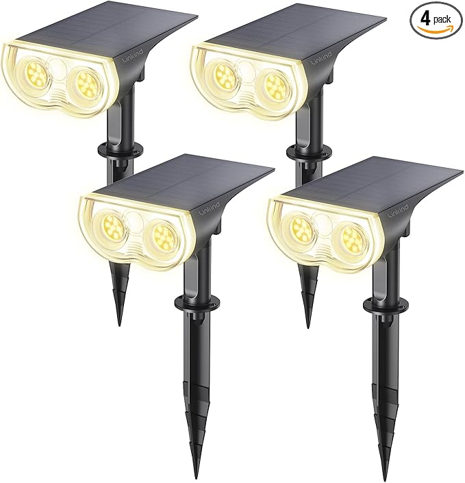 Linkind Solar Lights Outdoor Waterproof IP67, StarRay Dusk-to-Dawn Outdoor Solar Lights, 3 Lighting Modes Solar Spot Lights Outdoor for Garden, Yard, Landscape (Warm White, 4 Pack)