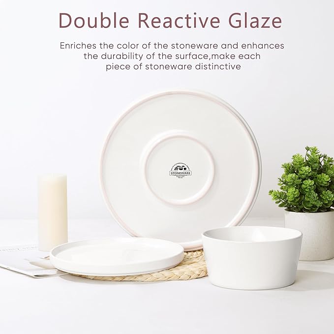 Herogo 24 Pieces Dinnerware Dishes Set for 8, Handmade Stoneware Dining Plates and Bowls Sets, Double Reactive Glaze, Microwave & Dishwasher Safe, Scratch Resistant, Pearl White