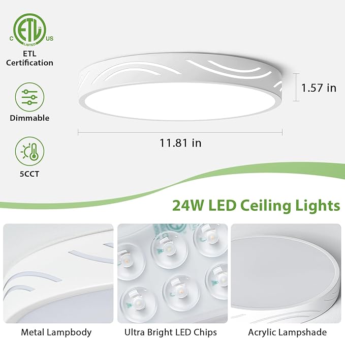 Modern Dimmable Ceiling Light Fixture,5CCT in One LED Flush Mount Kitchen Lights,Round Close to Ceiling Lamp for Hallway Entryway Bedroom Living Room Laundry Room Bathroom(White,11.81 in,ETL Listed)