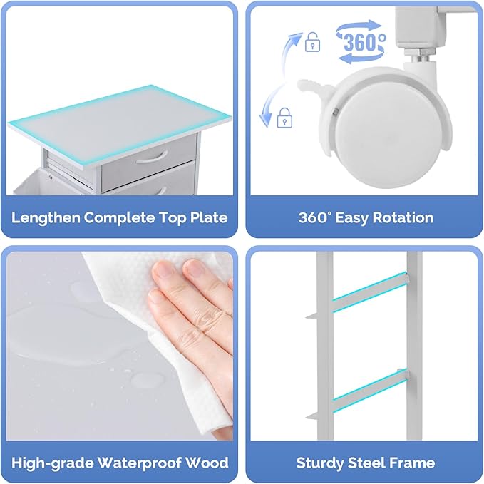 Printer Stand with 3 Fabric Drawer, Mobile File Cabinet for Home Office with Storage Bag, Rolling Under Desk Organizer Shelf, Fits A4 or Letter Size, Complete Top Plate Fast Assembly (White)