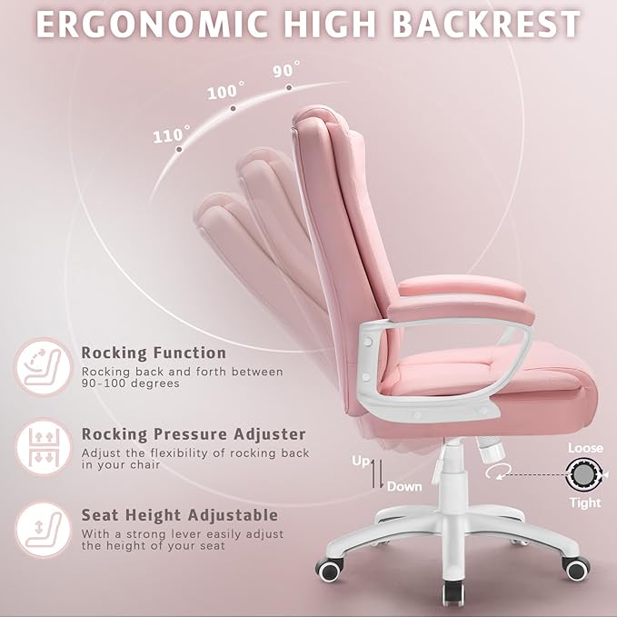 LEMBERI Pink Office Desk Chair, Big and Tall Managerial Executive Chair, High Back Computer Chair, Ergonomic Adjustable Height PU Leather Chairs with Cushions Armrest for Long Time Sitting