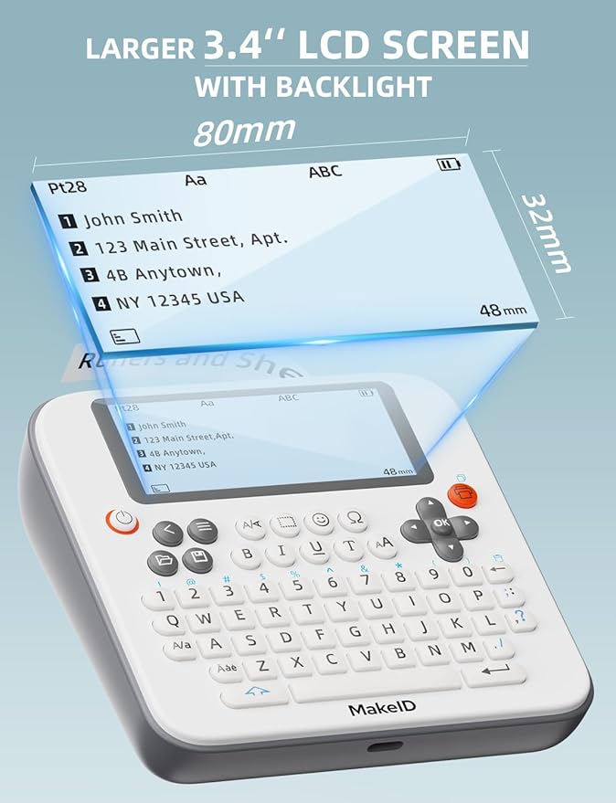 Makeid E1 Label Maker - Bluetooth Rechargeable Label Maker Machine - QWERTY Keyboard Labeler, 3.4" Backlighting LCD Screen - Prints 9~16mm Label - Home and Office Organization