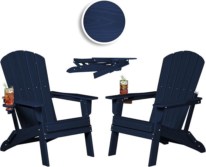 Plawdlik Folding Adirondack Chair, SGS Tested, Wooden Textured with Cup Holder, Heavy All-Weather HDPE Comfortable Set Poolside Backyard Lawn Navy Blue Set 2