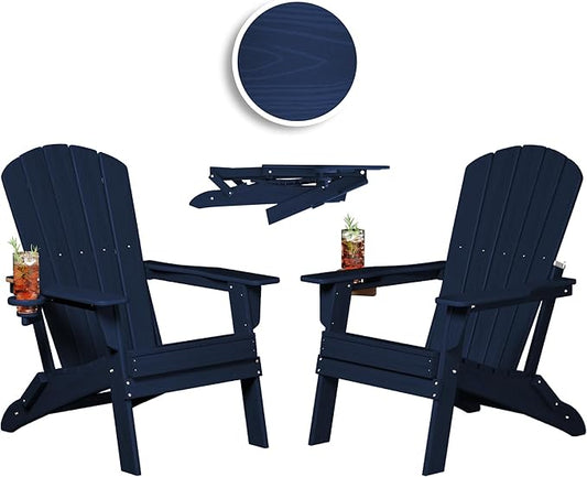 Plawdlik Folding Adirondack Chair, SGS Tested, Wooden Textured with Cup Holder, Heavy All-Weather HDPE Comfortable Set Poolside Backyard Lawn Navy Blue Set 2