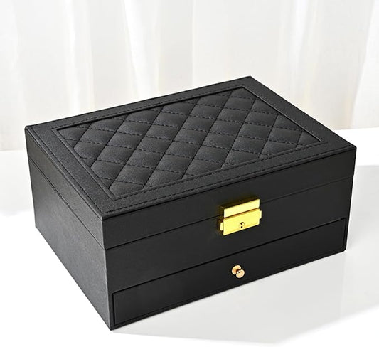 Jewelry Box for Women Girl Wife - Large PU Leather Jewelry Organizer Storage Case with Two Layers Display for Earrings Bracelets Rings Watches (Black)