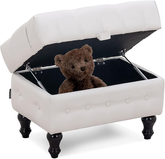 Artechworks Coffee Table Ottoman with Storage,Button Tufted PU Leather Upholstery Footstool Bed Ottoman for Living Room, Home Office, Space-Saving Storage Toy Box Stool, White