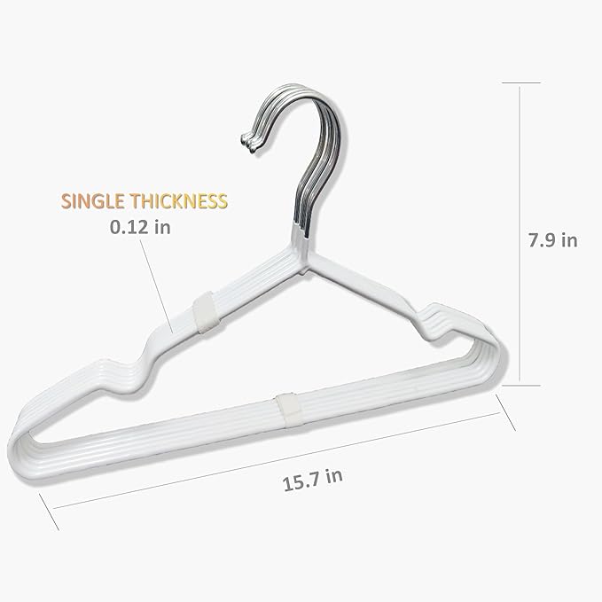 ‌Stainless Steel Heavy Duty Hangers - Non-Slip Rubber Coated, Space Saving Ultra Thin Design for Coats, Pants & Dresses (50 Pack, White)