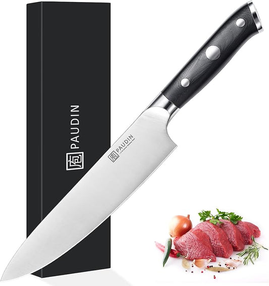 PAUDIN Chef Knife 8 Inch, Professional Kitchen Knife, 7Cr17MoV German Stainless Steel Forged Chefs Knife with Ergonomic G10 Handle, Classic Chef's Knife Meat Knife with Gift Box