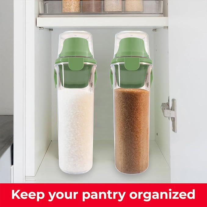 Two Pack Food & Cereal Storage Container - 2.6L Airtight Plastic Kitchen Organizer Bin with Pouring Spout, Measuring Cup Lid, Ideal for Dry Food, Rice, Sugar, Pet Food dispenser - BPA free (Green)