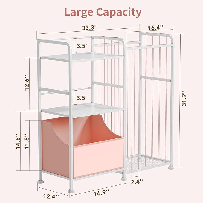 BBLIKE Stuffed Animal Storage - Stuffed Animal Net with Kids Bookshelf and Toy Organizer, 2-Tier White Bookshelf with Stuffed Animal Holder and Fabric Toy Chest for Kids Room, Playroom, Nursery, Pink