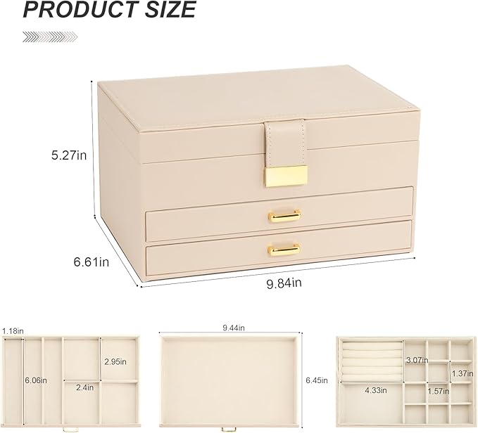 Jewelry Box, 3-Tier with 2 Drawers, Beige, Modern, Women's Jewelry Organizer