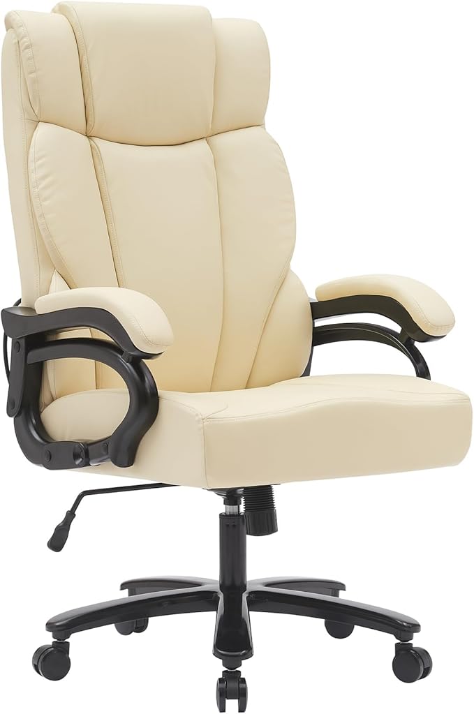 Big and Tall Executive Office Chair, Wide Seat Leather Chair with Lumbar Support and Comfy Arms, Ergonomic High Back Computer Desk Chair for Home (White)