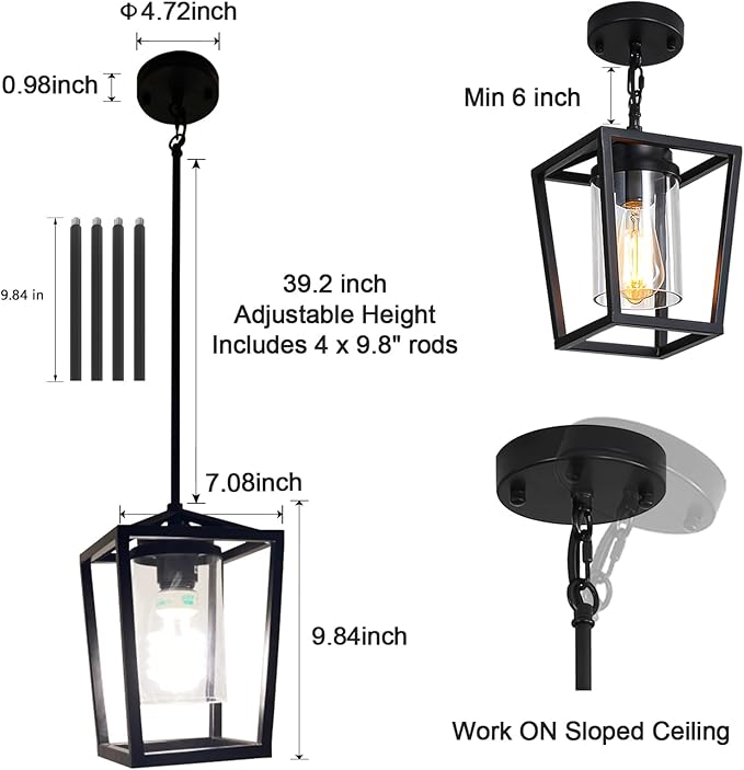 SGLfarmty 1-Light Black Pendant Lights Kitchen Island, Farmhouse Cage Metal Hanging Light Fixtures with Glass Shade，Adjustable Lantern Pendant Lighting for Dining Room, Entryway, Hallway