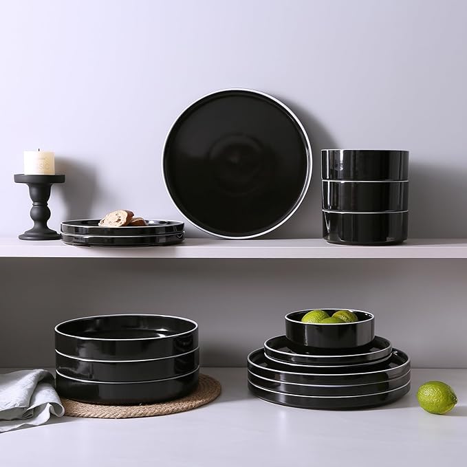 Famiware Nebula Plates and Bowls Sets for 4, 12 Pieces Stoneware Dinnerware Set, Microwave and Dishwasher Safe Dishes Set, Black with White Rim